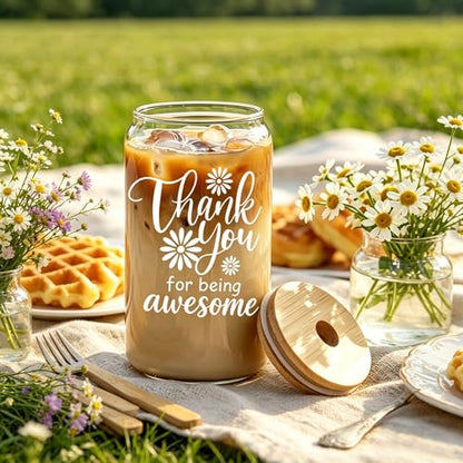 MUJUZE Thank You Gifts for Women, 16 oz Glass Tumbler & Crochet Sunflower - color: Thank You Cup Set