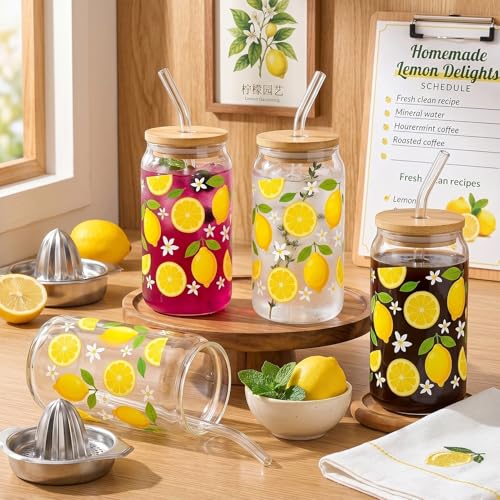 Glass Cups with Lids and Straws, 4Pack, 16oz, Summer - color: Lemon