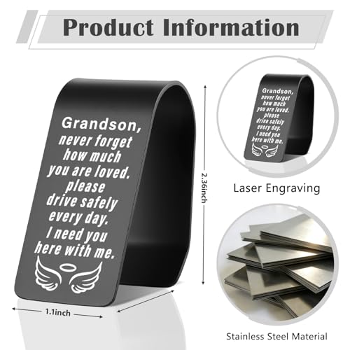 YODOCAMP Drive Safe Grandson Car Visor Clip, Gift for Grandson from Grandma Grandpa, Never Forget How Much You are Loved Engraved Reminder, Safe Driving Car Accessory TZC195 - color: Black-C195