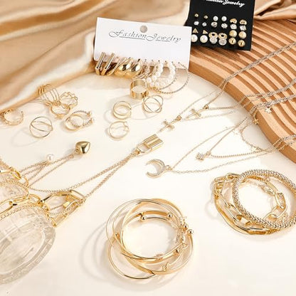 EIELO 90pcs Gold Jewelry Set for Women with 7 Necklaces, 11 Bracelets, 12 Hoop Earrings 24 Ear Studs, 14 Ear Cuffs, 22 Knuckle Rings for Womens Gold Plated Fashion Jewelry Set