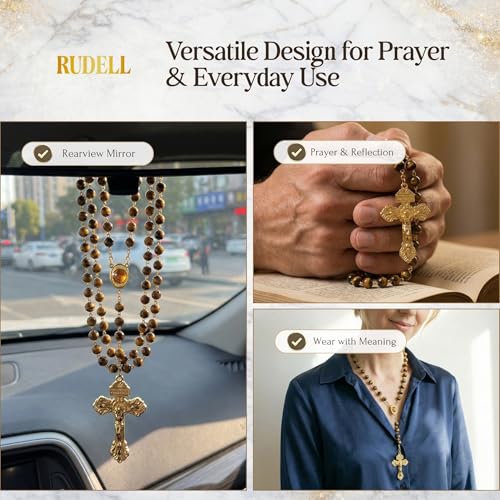 RUDELL Rosary Beads Catholic for Women - Rosary Necklace for Women with Pearl Beads - Medal Cross Saint Benedict Rosary for Men - Prayer Rosarios Catolicos Jewelry Gift - color: Tiger's eye