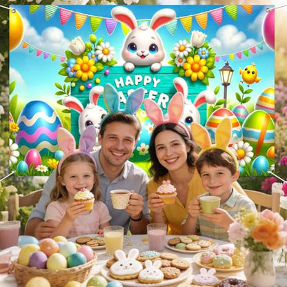 IVN Easter Bunny Banner 71x43 Inch Happy Cute Bunnies Colorful Eggs Flowers - color: Happy Easter Bunny Trio Sign