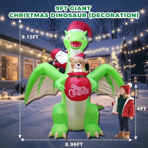 9 FT Giant Dinosaur Christmas Inflatable Decorations,with LED Lights - Santa Riding Dinosaur Christmas, Heavy-Duty Blower for Indoor/Outdoor Holiday Party Decor Weatherproof, Eye-Catching Xmas Display - style: Dinosaur