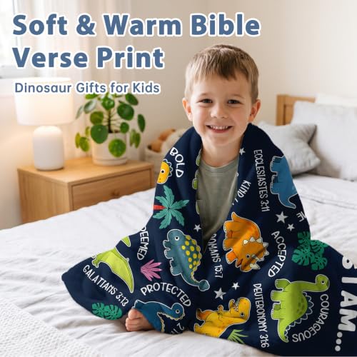 Christian Gifts for Boys Baptism Blanket - God Says I Am Bible Verse Blanket 50"x40", Baptism Gifts for Boys Catholic, Religious Christening Gift for Kids, Dinosaur Blankets for Dinosaur Lover - color: God Says I Am