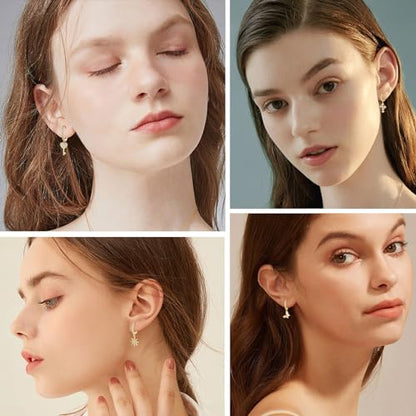 Dainty Huggie Hoop Dangle Earrings for Women, Small Hypoallergenic Hoop Earring with Charm Cross Star Moon Earrings, Sterling Silver CZ Huggie Drop Earrings for Teen Girls - style: Cross-Gold