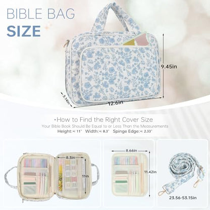 Bible Cover Case for Women Bible Study Supplies Church Camp Essentials Christian Gifts for Women Journaling Kit Quilted Large Bible Book Sleeve (Blue Flower, Large) - color: Blue Flower