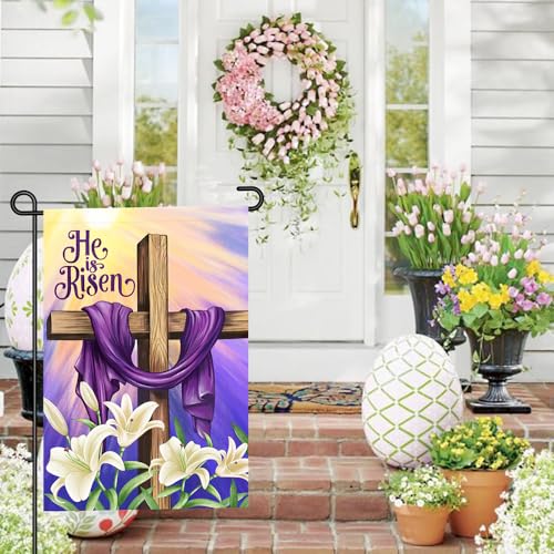 He is Risen Easter Christian Garden Flags 12x18 Double Sided Burlap, Religious Cross Spring Lily Flower Sign Small Flag Farmhouse Yard Outdoor Decoration DF701 - size: 12" X 18"