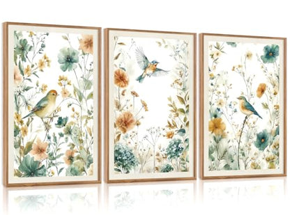 CHDITB 3 Pcs Boho Birds Flowers Framed Canvas Wall Art 16x24 Inch - color: Birds Wildflowers, size: 16"L x 24"W