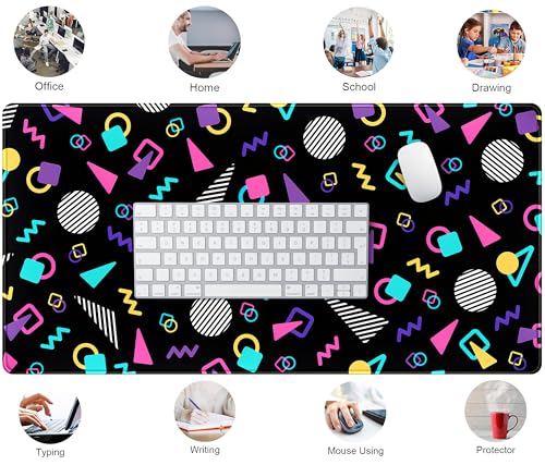 Retro 80s Desk Mat, Cute 90s XXL Large Gaming Mouse Pad, Black Boho Desk Pad with Stitched Edges, Computer Laptop Keyboard and Mouse Mat, Aesthetic Office Decor Non-Slip Mosuepad, 31.5x15.75 in - color: Black Boho