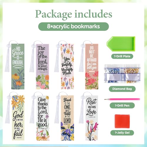 8 Pieces Christian Bible Verse Diamond Art Bookmarks 5d Christian Beaded Bookmark Acrylic Tassel Bookmark for DIY Making Beginners Adults Arts Craft Supplies (Floral Christian-1) - color: Floral Christian-1