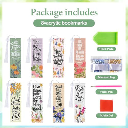 8 Pieces Christian Bible Verse Diamond Art Bookmarks 5d Christian Beaded Bookmark Acrylic Tassel Bookmark for DIY Making Beginners Adults Arts Craft Supplies (Floral Christian-1) - color: Floral Christian-1