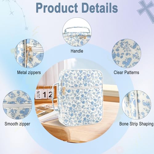 Zkptops Bible Cover Case for Women Girls Large Bible Bag Blue Cotton Quilted Floral Bible Carrying Case with Zipper Pocket and Handle Carrying Book Cover for Christian Study Supplies Christian Gift - color: Fj Blue