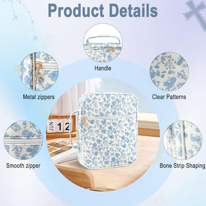 Zkptops Bible Cover Case for Women Girls Large Bible Bag Blue Cotton Quilted Floral Bible Carrying Case with Zipper Pocket and Handle Carrying Book Cover for Christian Study Supplies Christian Gift - color: Fj Blue