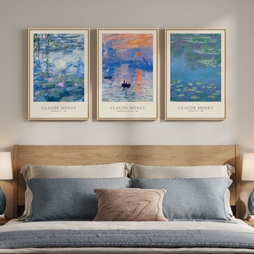 Framed Claude Monet Landscape Wall Art for Living Room, 3 Piece 16x24 Inch - color: Blue and Purple, size: 16"W x 24"Hx3Pcs