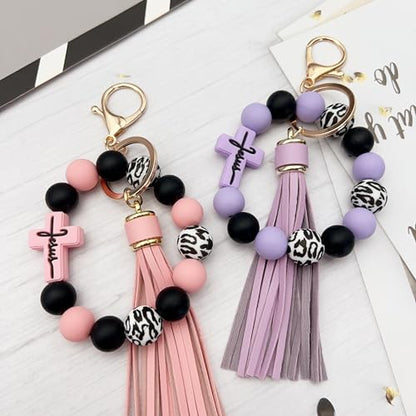 Silicone Beaded Jesus Cross Wristlet Keychain Leather Tassel,Key Ring Wrist Bangle,Key Chains Bracelet Women - color: Pink Cross
