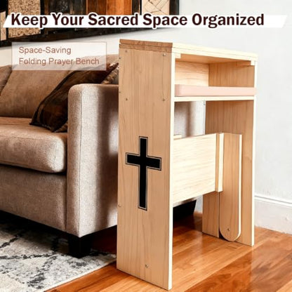 Wooden Prayer Kneeler with Storage Shelf & Cushion - Folding Prayer Bench for Home and Church, Comfortable Kneeling Devotional Pew Bench, 32" H x 22" W