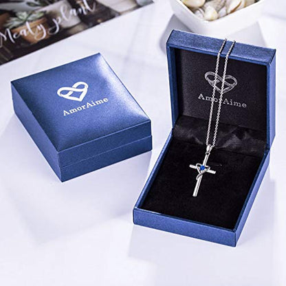 AmorAime 925 Sterling Silver Cross Necklace for Women Men 14K Gold Plated 5A CZ Birthstone Necklaces for Holiday - color: I.Dark Blue-September-Sapphire