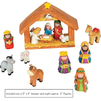 Fun Express Mini Christmas Nativity Set Stable with Jesus Mary Joseph Wisemen - 9 Pieces Red, Blue, Green, Beige, Brown
