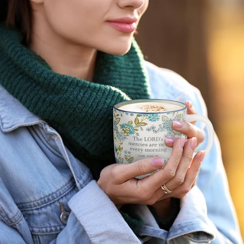Christian Art Gifts Large Microwave & Dishwasher Safe Ceramic Coffee Mug - color: Mercies are New/Blue Floral, size: 14 Ounces
