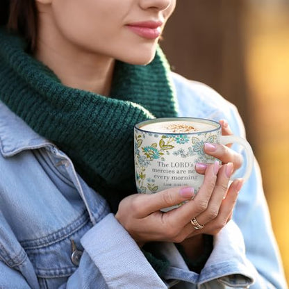 Christian Art Gifts Large Microwave & Dishwasher Safe Ceramic Coffee Mug - color: Mercies are New/Blue Floral, size: 14 Ounces