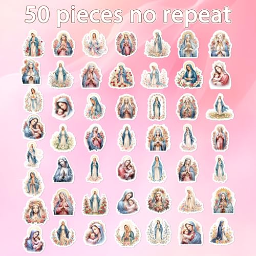 Virgin Mary Stickers for Adults - 50 Pcs Catholic Water Bottle Stickers, Blessed Mother Waterproof Scrapbook Sticker, Vinyl Decals for Luggage Laptop Journal - style: Catholic