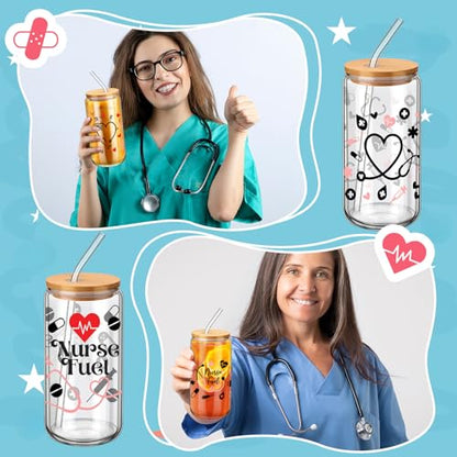 SiliFine 6 Pcs Nurse Gift Glass Cups, 16 oz with Lids and Straws - style: Nurse