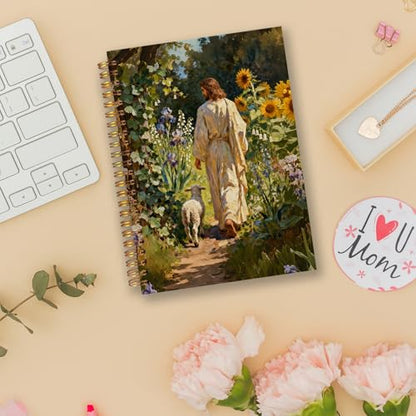 Exqcom Jesus and Lamb Christian Spiral Notebook, Jesus Leaves the 99 Sheep Prayer Bible Journal Gifts for Women, Wildflower Religious Hardcover Notebook Journal Office School Supplies, 5.5x8.3 - color: white Bible Notebook-T