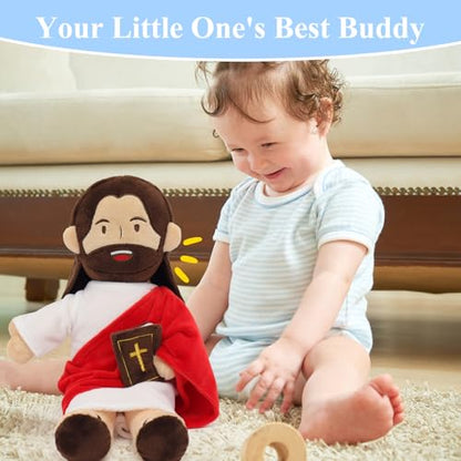 Yelakey Jesus Plush - 13.4“ Voice Jesus Plush Toy Speaking 20 Bible Verses and Singing 3 Bible Songs, Religious Stuffed Doll for Kids, Christian Easter Gift for Church and Sunday School - color: Brownred