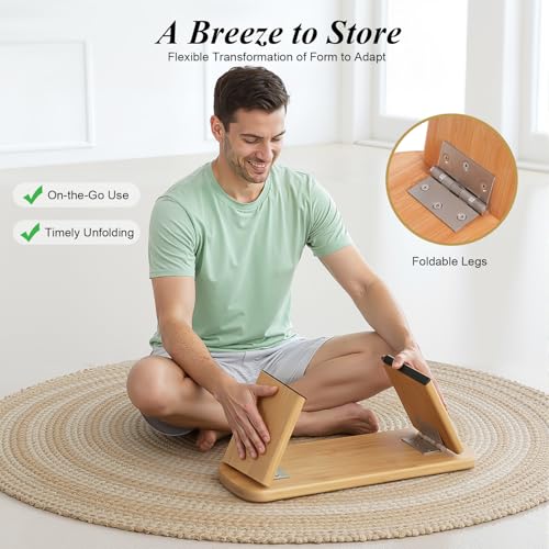 Folding Bamboo Meditation Bench, Ergonomic Portable Kneeling Meditation Stool with Soft Meditations Cushion Comfortable Foldable Prayer Bench for Deep & Longer Meditations (Green) - color: Green