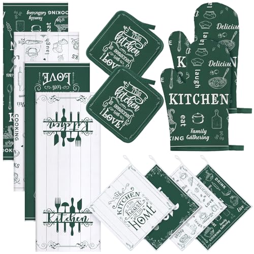12 Pcs Farmhouse Kitchen Decor and Accessories Sets 4 Green Kitchen Towels 4 Absorbent Dishcloths 2 Pot Holders 2 Oven Mitts Gloves for Home Decorations Mom Gifts - color: Green and White, style: Classic