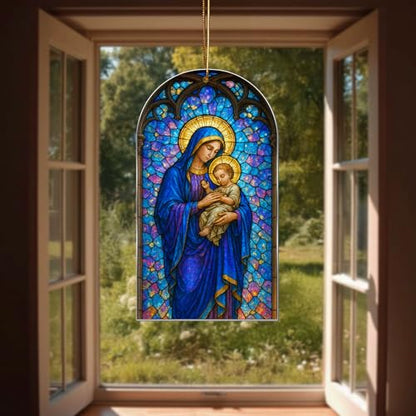 Stained Glass Nativity Ornament – Holy Family Christmas Ornament 2025, Flat Acrylic Sun Catcher, Religious Christian Tree Decoration, Catholic Gift for Mom Dad Family