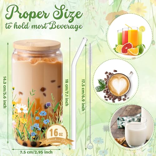Sliner 2 Pcs Wildflower Glass Drinking Cups with Lid Straw, 16 oz - color: Fresh Colors, size: Wildflower