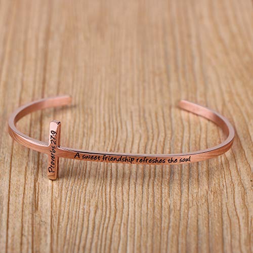 Memgift 𝐂𝐫𝐨𝐬𝐬 𝐁𝐫𝐚𝐜𝐞𝐥𝐞𝐭 Religious Cuff Bangle 𝐁𝐢𝐛𝐥𝐞 𝐕𝐞𝐫𝐬𝐞 Christian Gifts Jewelry for 𝐖𝐨𝐦𝐞𝐧 - style: Rose gold-A sweet friendship refreshes the soul -Proverbs 27:9