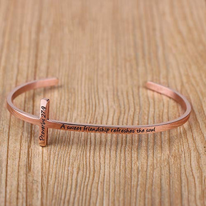 Memgift 𝐂𝐫𝐨𝐬𝐬 𝐁𝐫𝐚𝐜𝐞𝐥𝐞𝐭 Religious Cuff Bangle 𝐁𝐢𝐛𝐥𝐞 𝐕𝐞𝐫𝐬𝐞 Christian Gifts Jewelry for 𝐖𝐨𝐦𝐞𝐧 - style: Rose gold-A sweet friendship refreshes the soul -Proverbs 27:9