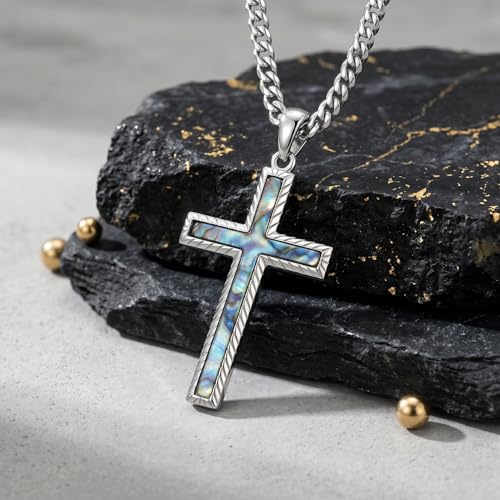 MRENITE Silver Natural Stone Cross Necklace, Classic Latin Cross Pendant Necklace for Unisex Women Man, Vintage Crystal Quartz Cross Necklace with 20+2 Inches Adjustable Cuban Chain - style: Abalone