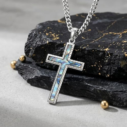 MRENITE Silver Natural Stone Cross Necklace, Classic Latin Cross Pendant Necklace for Unisex Women Man, Vintage Crystal Quartz Cross Necklace with 20+2 Inches Adjustable Cuban Chain - style: Abalone