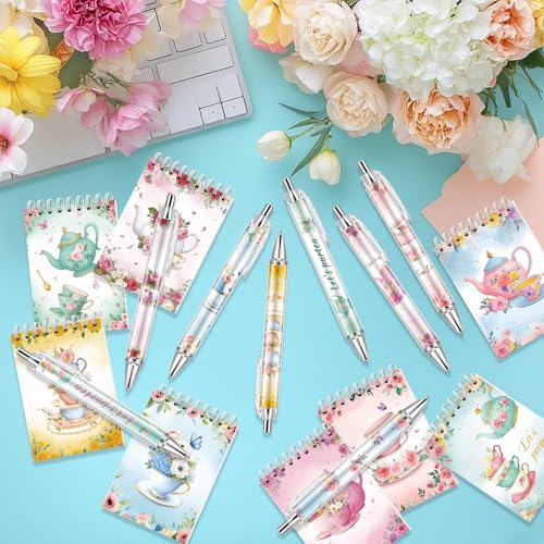48 Pcs Tea Party Favors Tea Notebook with Floral Ballpoint Pens - style: Tea