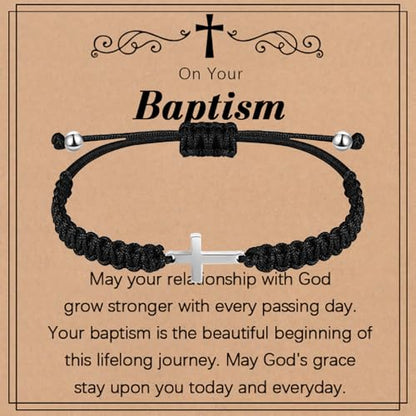 Baptism Gifts for Boys,Braided Rope Cross Bracelet Gift for Kids,First Holy Communion Gifts for Boys Christian Christening Graduation - color: Silver cross black rope-baptism