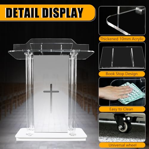 Church Pulpit with 15 Colors Adjustable and 4 Flashing Models, 46” Clear Acrylic Podium with 4 Wheels & Vertical Reading Platform, Lecterns for Churches, Classroom (39.4”L*15.7”W *44”H)