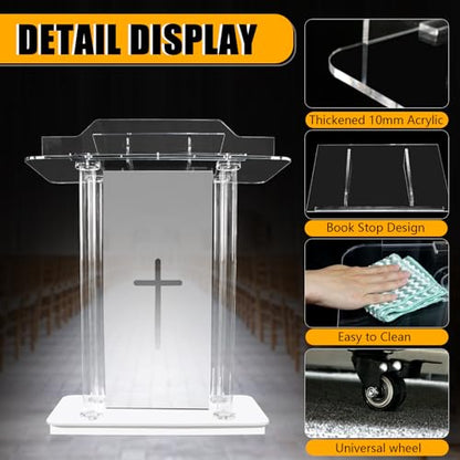 Church Pulpit with 15 Colors Adjustable and 4 Flashing Models, 46” Clear Acrylic Podium with 4 Wheels & Vertical Reading Platform, Lecterns for Churches, Classroom (39.4”L*15.7”W *44”H)