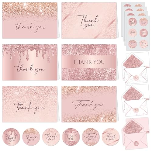 Decorably 24 Pack Glittery 6x4in Pink Rose Gold Thank You Cards - style: Rose Gold