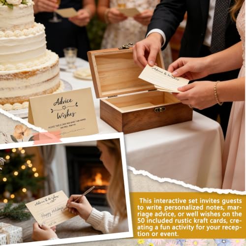 Wooden Advice & Wishes Memory Box with 50 Pcs Kraft Tan Cards for Wedding - Bridal Shower Guest Book Alternative- Versatile Keepsake for Newlyweds, Baby Shower, Graduation & Birthday Party ﻿ (Set) - color: Set