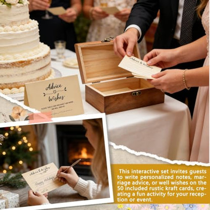 Wooden Advice & Wishes Memory Box with 50 Pcs Kraft Tan Cards for Wedding - Bridal Shower Guest Book Alternative- Versatile Keepsake for Newlyweds, Baby Shower, Graduation & Birthday Party ﻿ (Set) - color: Set