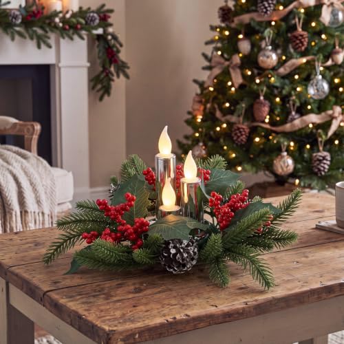 Tuanse 3 Set Christmas Poinsettia Centerpiece with Flameless Candle, Farm - style: Christmas Holly Berry
