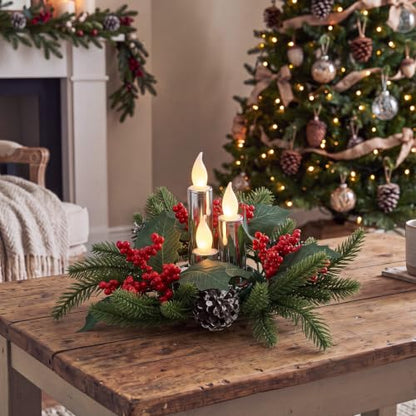 Tuanse 3 Set Christmas Poinsettia Centerpiece with Flameless Candle, Farm - style: Christmas Holly Berry