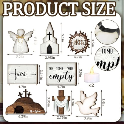 Tujoe 8 Pcs Easter Tiered Tray Decor Set Religious Christian Easter Wooden Table Decorations Sign He is Risen Cross Empty Tomb Centerpieces for Kitchen Home Party Holiday