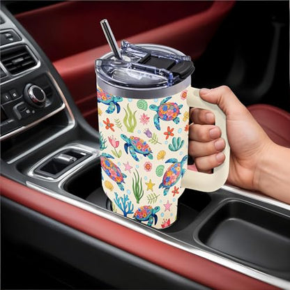 40oz Sea Turtle Tumbler Gifts for Turtle Lover, Cute Ocean Animal Water Bottle - color: SeaTurtle-White