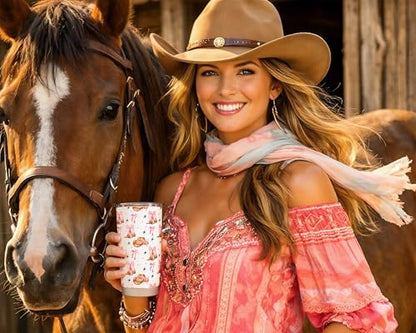 Western Tumbler 20 Oz, Cowboy Boots & Hats, Stainless Steel Travel Mug - color: Cowgirl