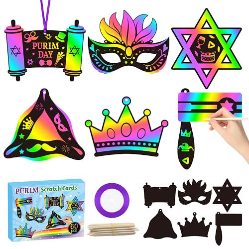CY2SIDE Purim Day Scratch Cards - 60PCS Jewish Holiday Magic Color Rainbow Paper Bookmarks Craft Kits for Kids Sunday School Classroom Activities Art Project Decorations Religious Easter Party Favor - style: Purim Day