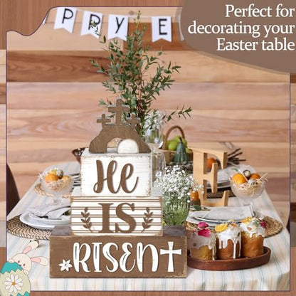 4 Pcs Easter Table Decorations Wooden Table Sign Religious Wood Centerpieces Bunny Blocks Farmhouse Spring Tiered Tray Decor for Home Kitchen Shelf(Rustic Cross) - style: Rustic Cross